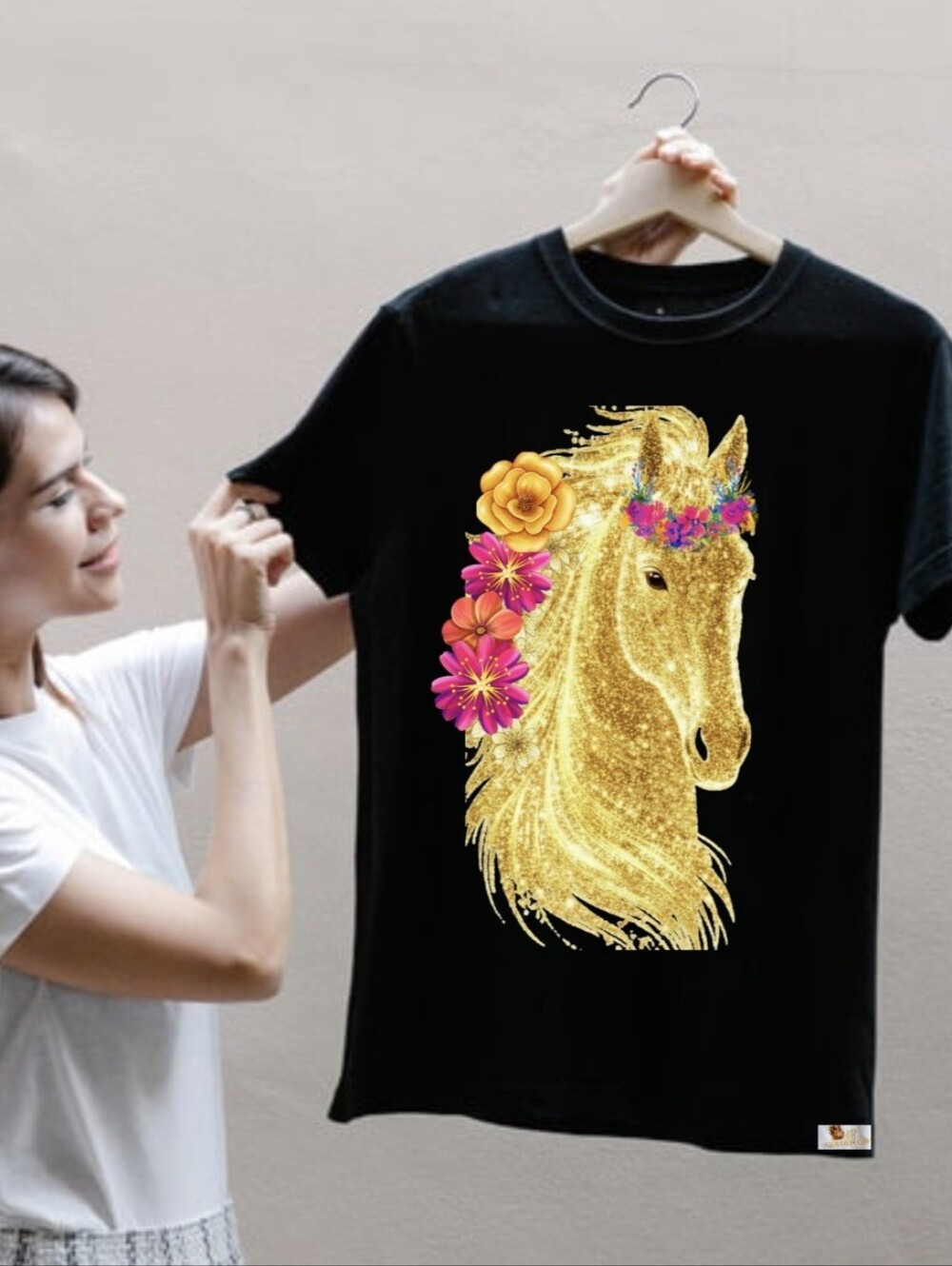Luxury Black Golden Horse Floral Crown Graphic Tee - Size L